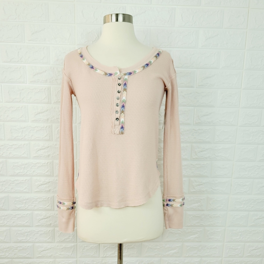 Nwt FREE PEOPLE Rainbow Thermal Henley Top | Pink | Size- XS - Picture 6 of 12